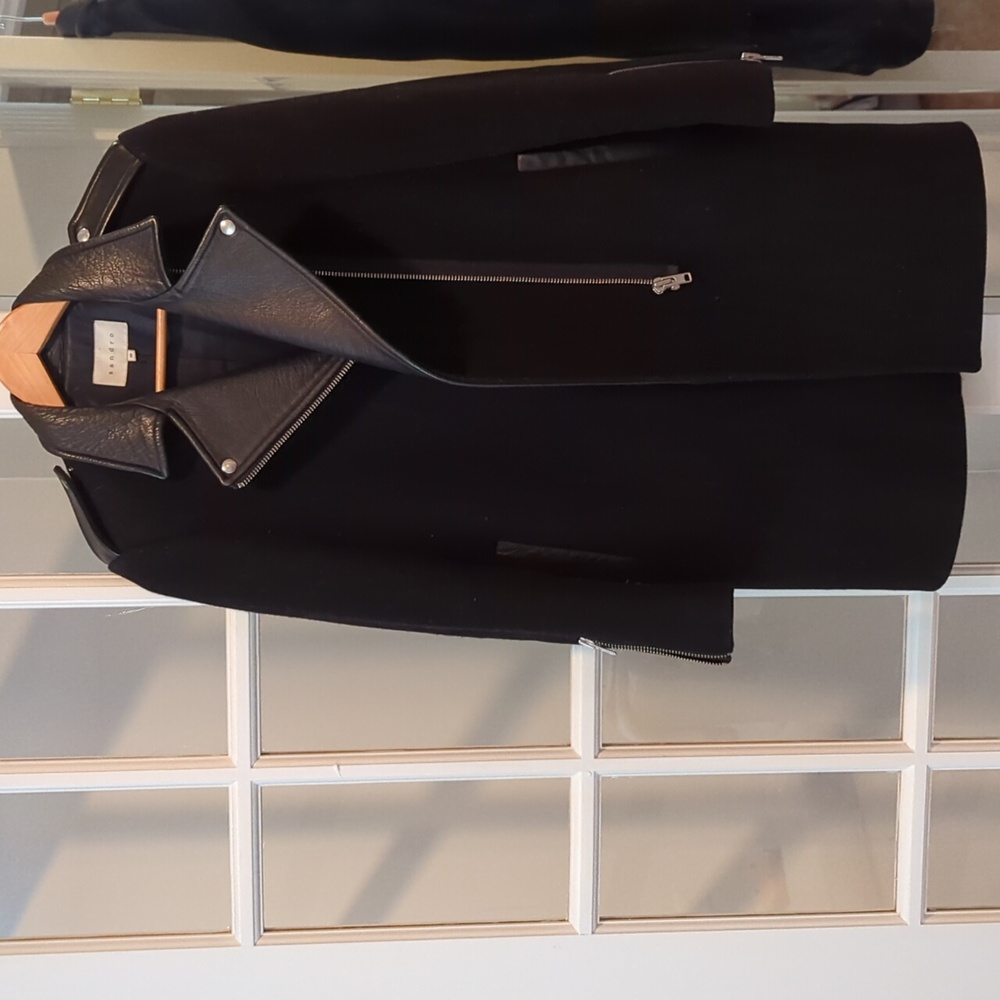 SANDRO-Paris Zipped Moto Style Wool & Leather Jacket Size 4 USA or 36 EU